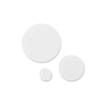Abstract arrangement of three white circles (large, medium, small) on a light background with subtle shadows behind them.