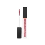 Pink lip gloss in a clear tube with a black cap and rose-gold band; wand with mauve applicator shown beside it, brand name Young Blood Cosmetics visible on the tube