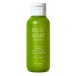 Green bottle of Real Mary Exfoliating Scalp Shampoo (Cold Brew Rosemary) with ginger and peppermint, 100 ml.