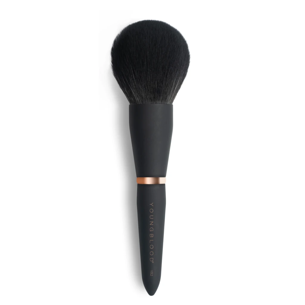 Close-up of a dense black makeup brush with a copper ferrule against a white background.