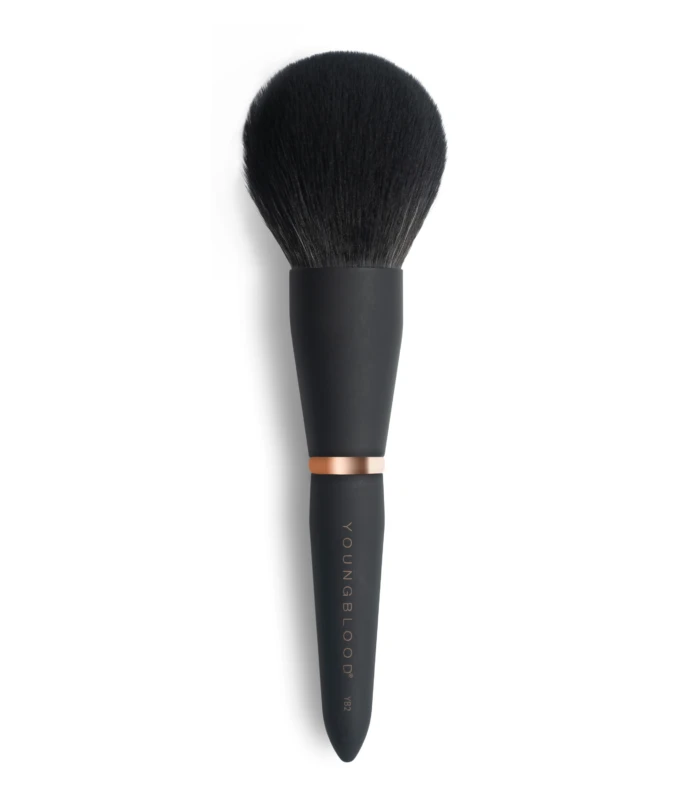 Close-up of a dense black makeup brush with a copper ferrule against a white background.