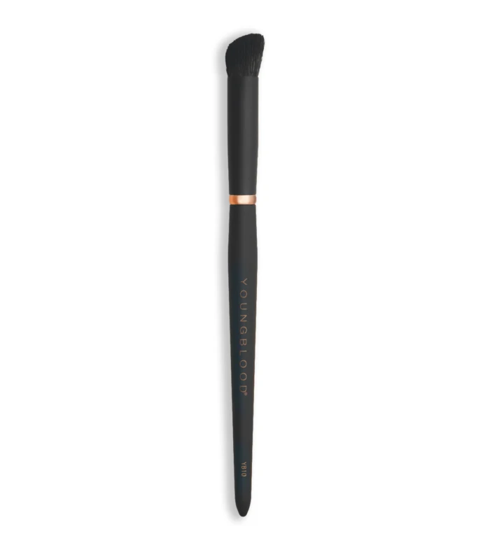 Black makeup brush with dense fluffy bristles, copper collar, and a dark handle against a white background