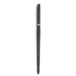 Vertical close-up of a black makeup brush with a copper ring, bristles at the top on a white backdrop.