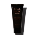 Tube of Real Grow anti-hair loss shampoo labeled 'EXTRA VOLUME'; 200 ml bottle with rose-gold text on black packaging