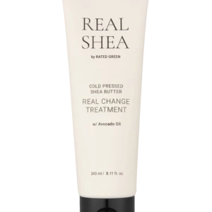 Beige skincare tube labeled Real Shea by Rated Green; cold-pressed shea butter treatment with avocado oil (240 ml).