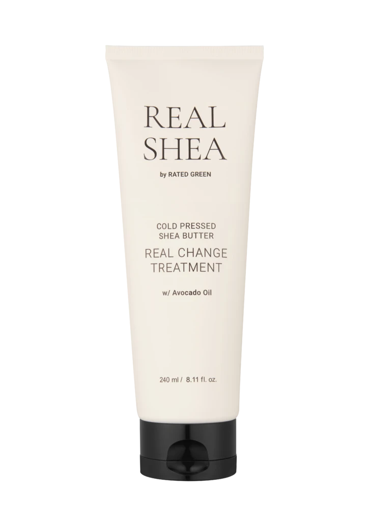 Beige skincare tube labeled Real Shea by Rated Green; cold-pressed shea butter treatment with avocado oil (240 ml).