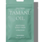 Teal packaging with white text: 'TAMANU OIL' and 'COLD PRESS' visible on a resealable pouch, likely a scalp treatment product with 'Soothing Scalp Pack' and 'with Black Currant'.