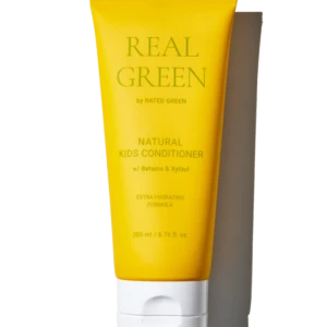 Yellow tube of Real Green Natural Kids Conditioner with Betaine & Xylitol, 200 ml, standing upright against a black background, show product branding clearly.