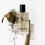 Perfume bottle labeled Salt & Stone with pale liquid, accompanied by dried roots and wood against a white background (close-up).
