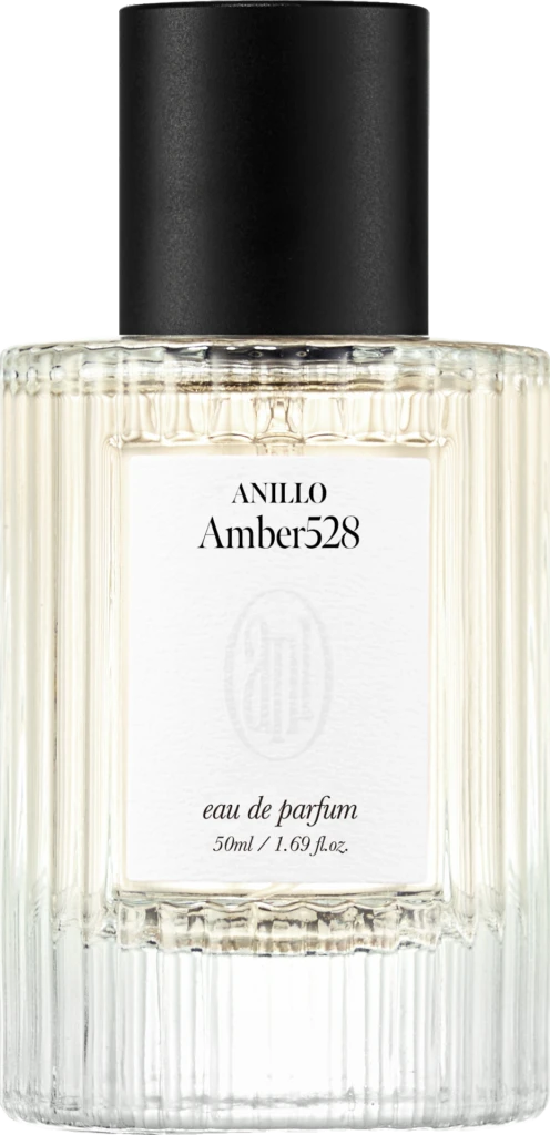 ANILLO Amber528 eau de parfum bottle with a black cap and ribbed glass, 50 ml.