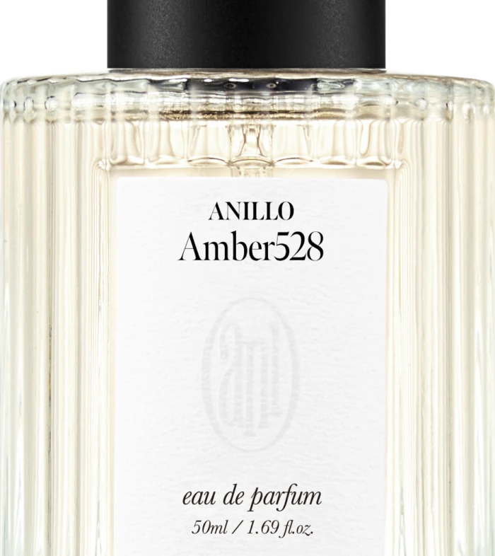 ANILLO Amber528 eau de parfum bottle with a black cap and ribbed glass, 50 ml.