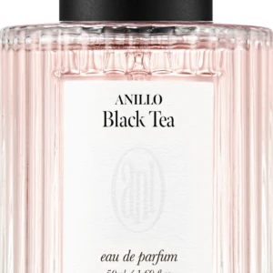 Front view of a pale pink perfume bottle with a black cap, label reads ANILLO Black Tea, eau de parfum 50 ml.