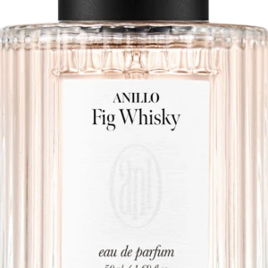 Perfume bottle with black cap and ribbed glass, label reads ANILLO Fig Whisky, eau de parfum, 50 ml