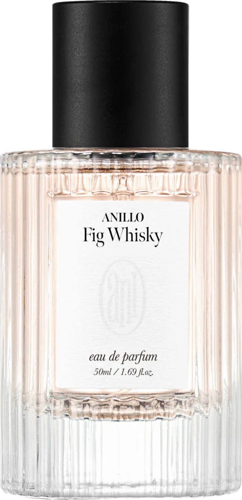 Perfume bottle with black cap and ribbed glass, label reads ANILLO Fig Whisky, eau de parfum, 50 ml