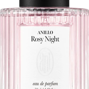 Close-up of a pink ribbed perfume bottle with a black cap; label reads ANILLO Rosy Night, eau de parfum, 50 ml.