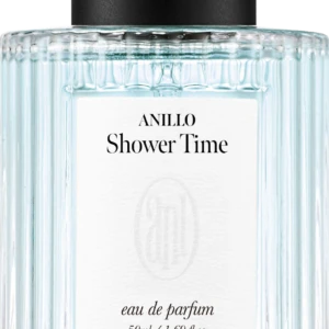 Perfume bottle with ribbed clear glass, black cap, and label reading ANILLO Shower Time, eau de parfum, 50 ml/1.69 fl oz.