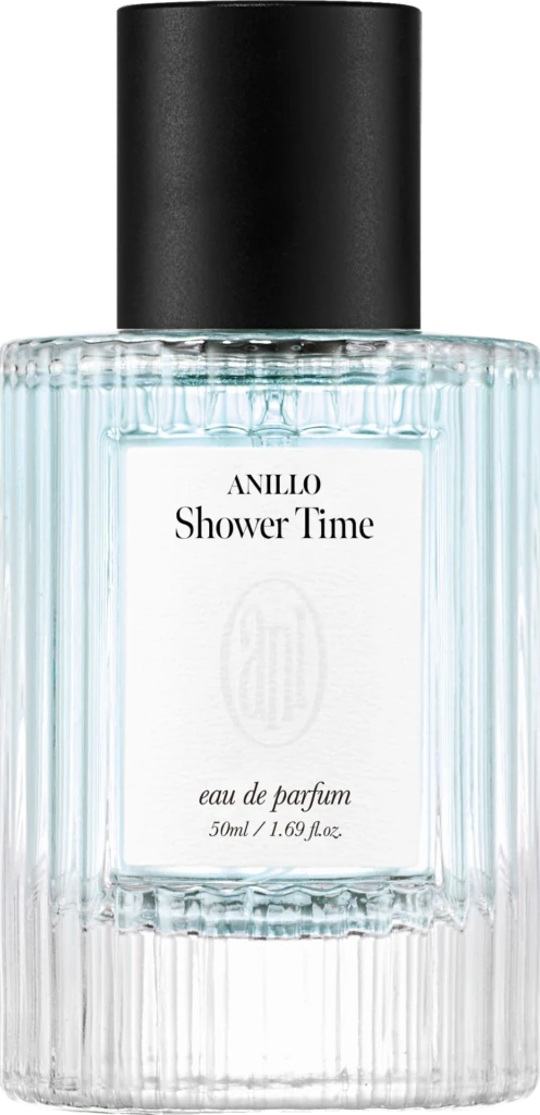 Perfume bottle with ribbed clear glass, black cap, and label reading ANILLO Shower Time, eau de parfum, 50 ml/1.69 fl oz.