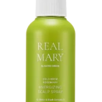 Green spray bottle with white pump labeled 'REAL MARY' by Rated Green, energizing scalp spray (120ml)