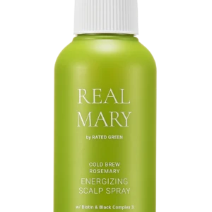 Green spray bottle with white pump labeled 'REAL MARY' by Rated Green, energizing scalp spray (120ml)