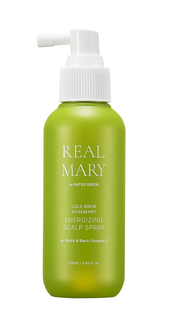 Green spray bottle with white pump labeled 'REAL MARY' by Rated Green, energizing scalp spray (120ml)
