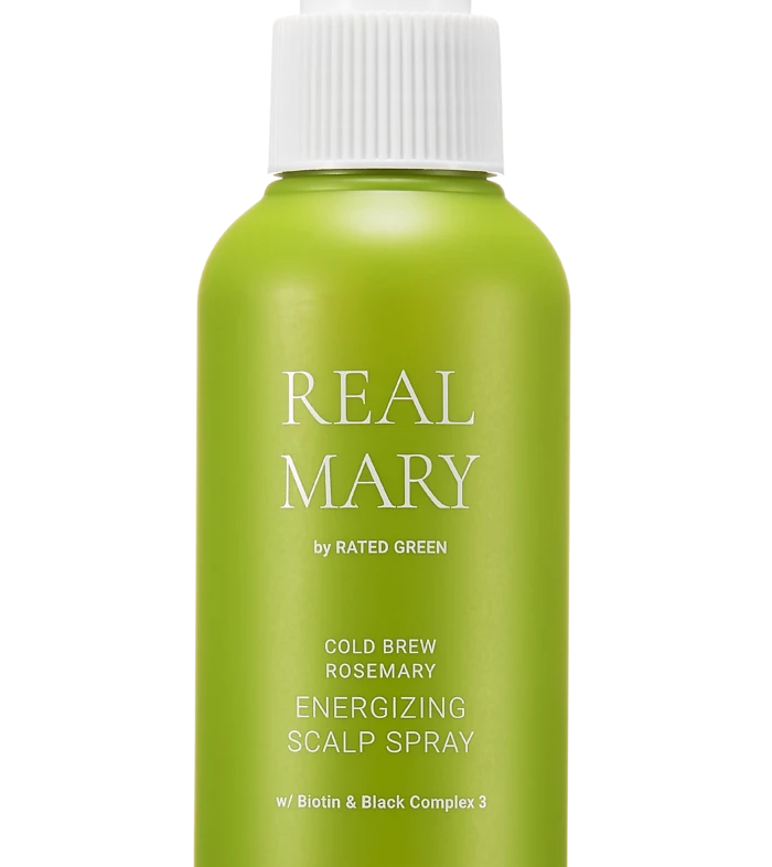 Green spray bottle with white pump labeled 'REAL MARY' by Rated Green, energizing scalp spray (120ml)