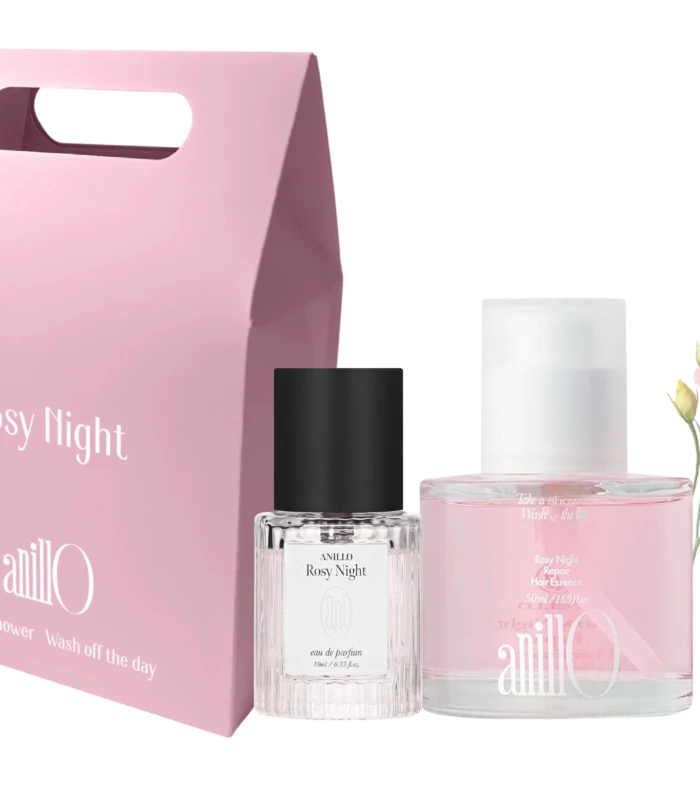 Pink Rosy Night perfume gift set with a pink box, clear bottle, and soft pink accents including a flower bouquet
