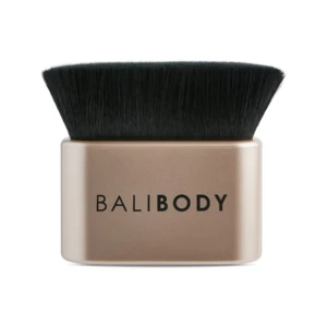 Makeup brush with black bristles and a rose‑gold handle labeled BaliBody in black letters.