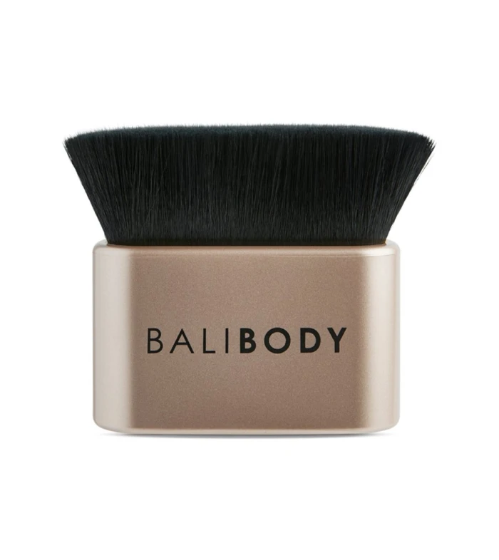 Makeup brush with black bristles and a rose‑gold handle labeled BaliBody in black letters.