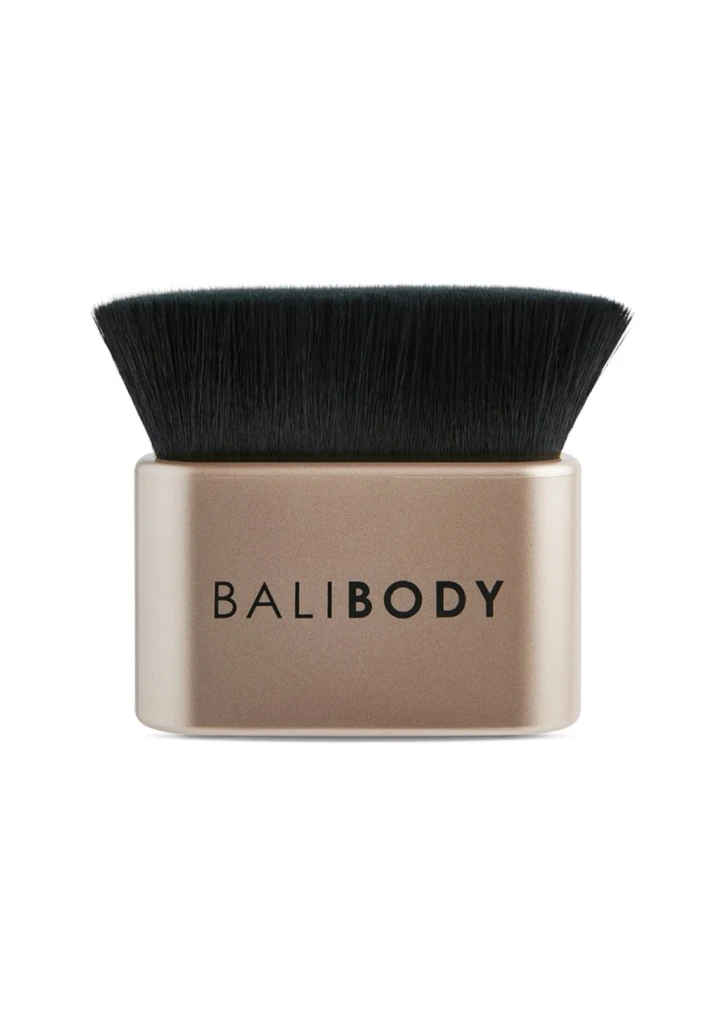 Makeup brush with black bristles and a rose‑gold handle labeled BaliBody in black letters.