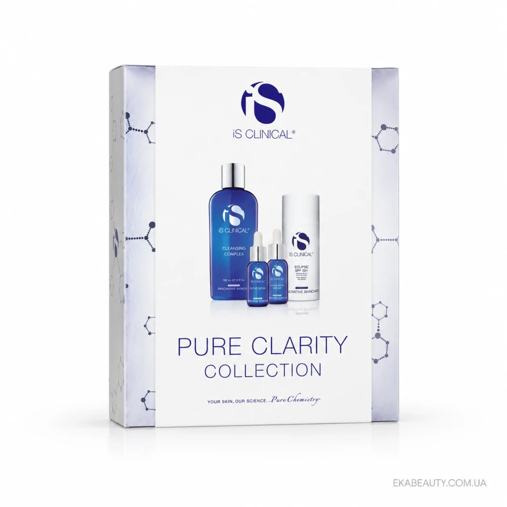 iS CLINICAL Pure Clarity Collection skincare set on a white background, featuring blue-toned bottles displayed in the center.