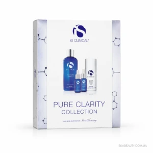 iS CLINICAL Pure Clarity Collection skincare set on a white background, featuring blue-toned bottles displayed in the center.