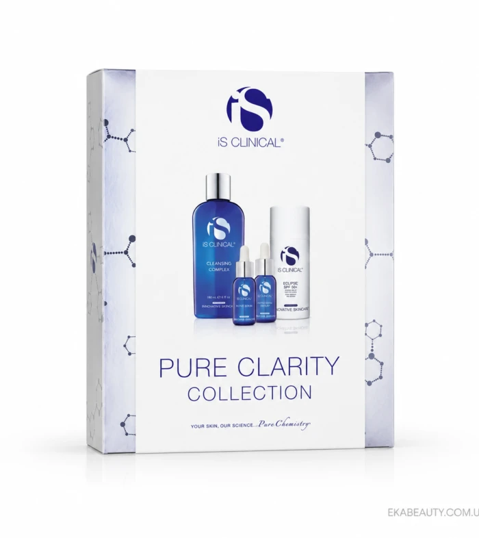 iS CLINICAL Pure Clarity Collection skincare set on a white background, featuring blue-toned bottles displayed in the center.