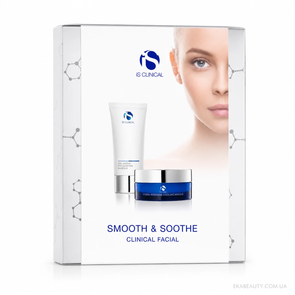 Boxed iS Clinical skincare set (Smooth & Soothe Clinical Facial) with a white tube and blue jar in front of a partial model's face on a white background.