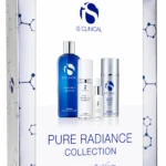 Boxed iS Clinical Pure Radiance Collection skincare set with blue cleansing bottle and white/silver bottles shown against white backdrop.