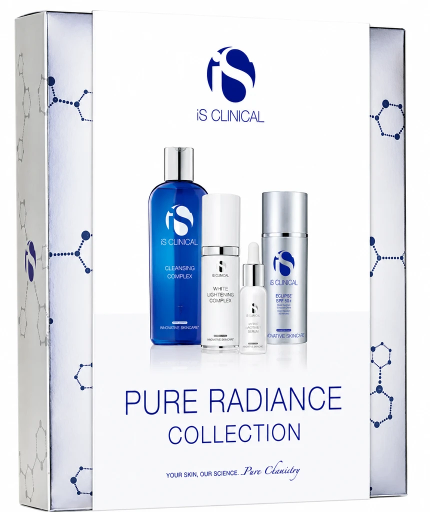 Boxed iS Clinical Pure Radiance Collection skincare set with blue cleansing bottle and white/silver bottles shown against white backdrop.