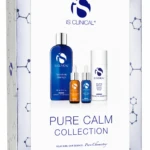 Gift box of iS CLINICAL Pure Calm Collection with blue cleansing bottle, serums, and sunscreen display.