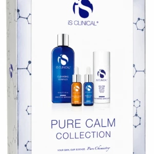 Gift box of iS CLINICAL Pure Calm Collection with blue cleansing bottle, serums, and sunscreen display.