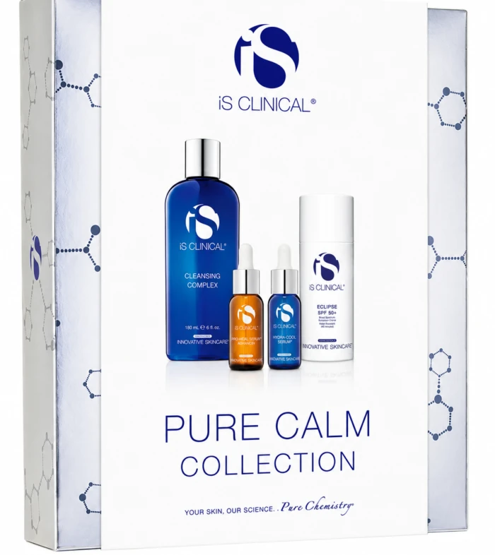 Gift box of iS CLINICAL Pure Calm Collection with blue cleansing bottle, serums, and sunscreen display.