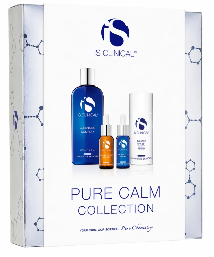 Gift box of iS CLINICAL Pure Calm Collection with blue cleansing bottle, serums, and sunscreen display.