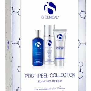 Post-Peel Collection Home Care Regimen kit featuring three iS CLINICAL products: blue Cleansing Complex bottle, Extreme Protect SPF 30, and Sheald Recovery Balm on a white box.