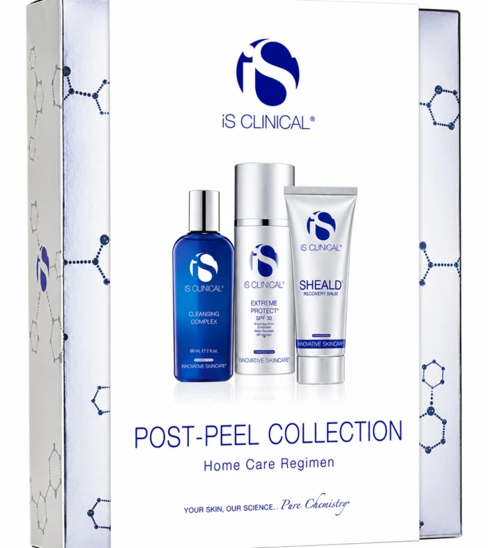 Post-Peel Collection Home Care Regimen kit featuring three iS CLINICAL products: blue Cleansing Complex bottle, Extreme Protect SPF 30, and Sheald Recovery Balm on a white box.