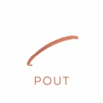 Copper lipstick swatch in a curved stroke above the word POUT in copper lettering.