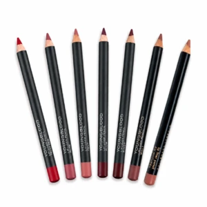 Seven black lip liner pencils with pink-nude to burgundy shades arranged diagonally on a white background.