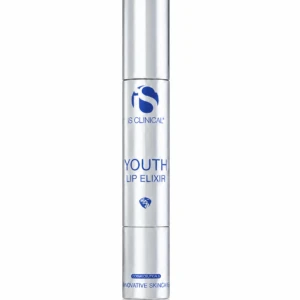 Silver cylindrical beauty product tube labeled 'Youth Lip Elixir' with blue logo, standing upright on a white background.