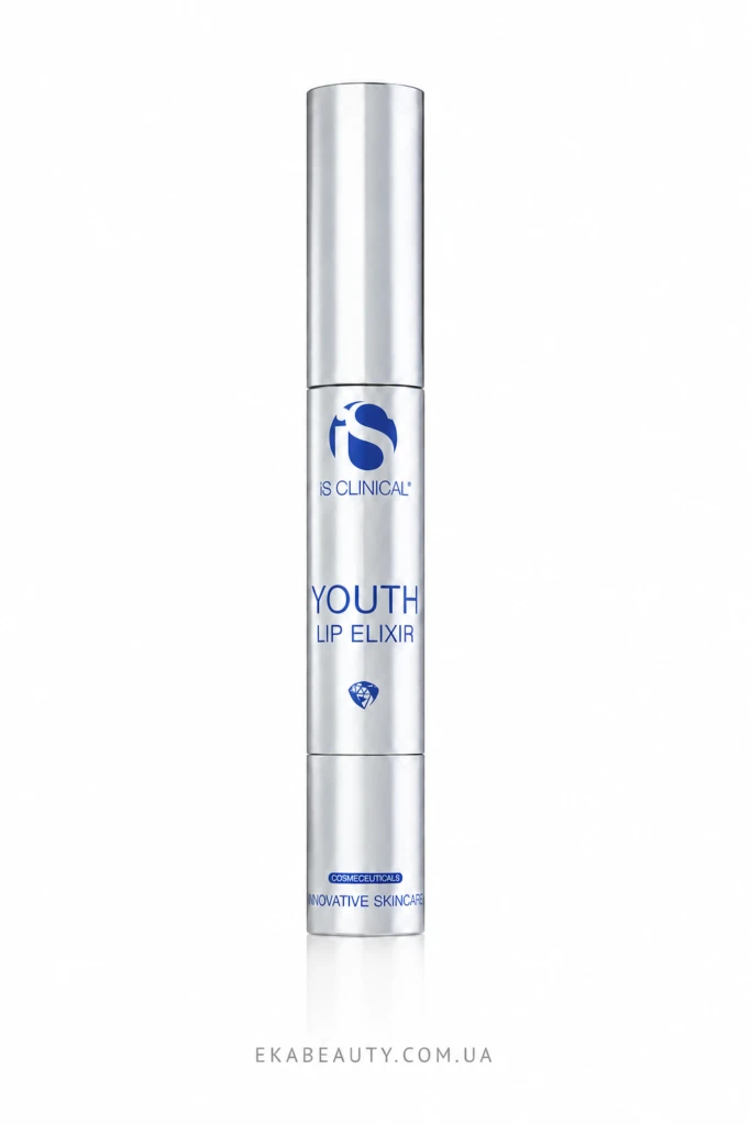 Silver cylindrical beauty product tube labeled 'Youth Lip Elixir' with blue logo, standing upright on a white background.