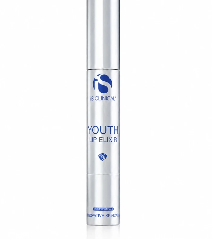 Silver cylindrical beauty product tube labeled 'Youth Lip Elixir' with blue logo, standing upright on a white background.