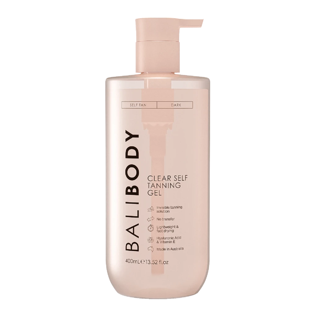 Bottle of self-tanning gel with a pump dispenser, pale pink container labeled 'Self Tan' and 'Dark'.