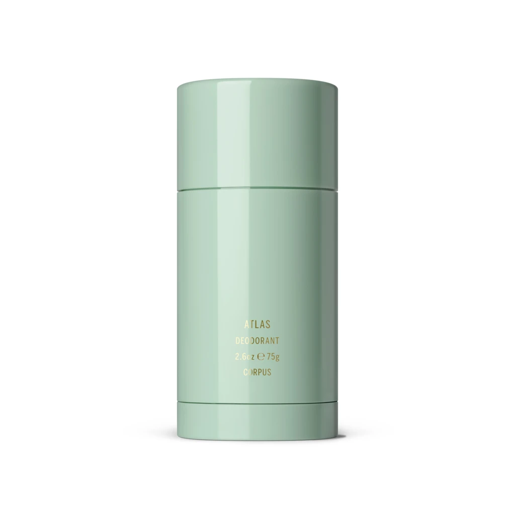 Mint-green cylindrical deodorant bottle with gold text reading ATLAS DEODORANT on a white background, upright view, 2.6 oz/75 g option visible