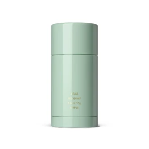 Mint-green cylindrical deodorant bottle with gold text reading ATLAS DEODORANT on a white background, upright view, 2.6 oz/75 g option visible