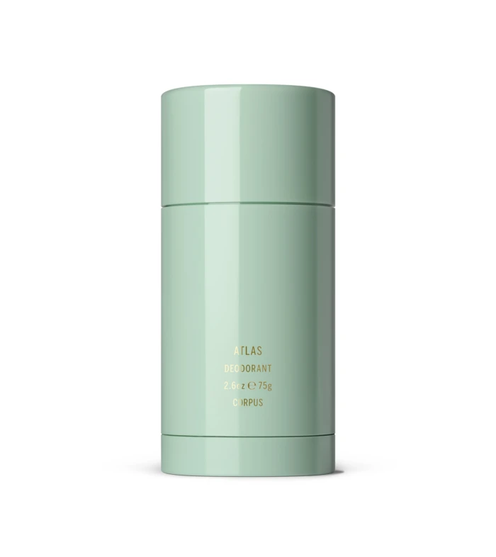 Mint-green cylindrical deodorant bottle with gold text reading ATLAS DEODORANT on a white background, upright view, 2.6 oz/75 g option visible